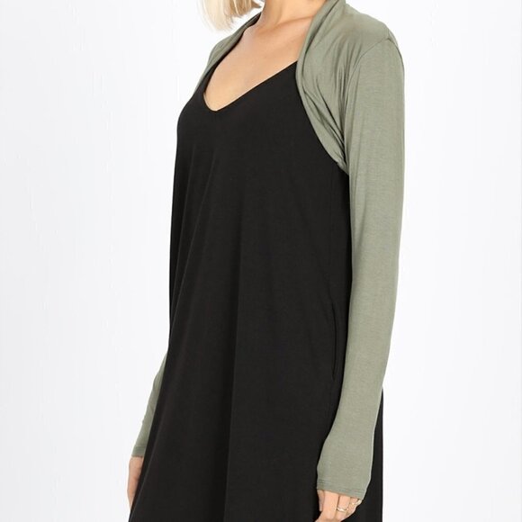 Zenana Ladies Light Olive Green Long Sleeve Bolero Side Shirring Sleeve Cover Up - Picture 1 of 3
